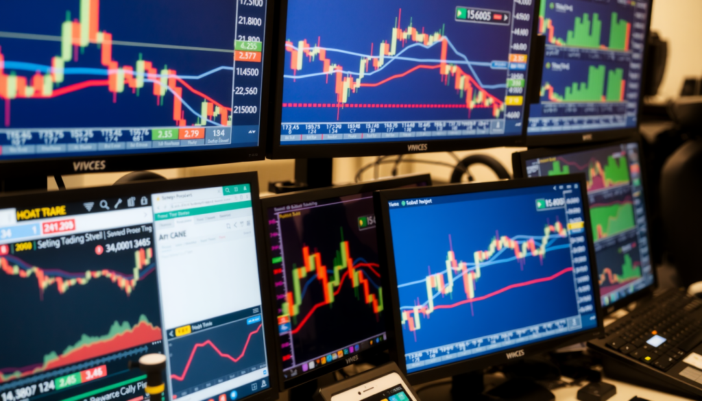 Deutsche Telekom-Aktie: Unfassbare Prognose! Nahaufnahme eines Händlerarbeitsplatzes mit Monitoren