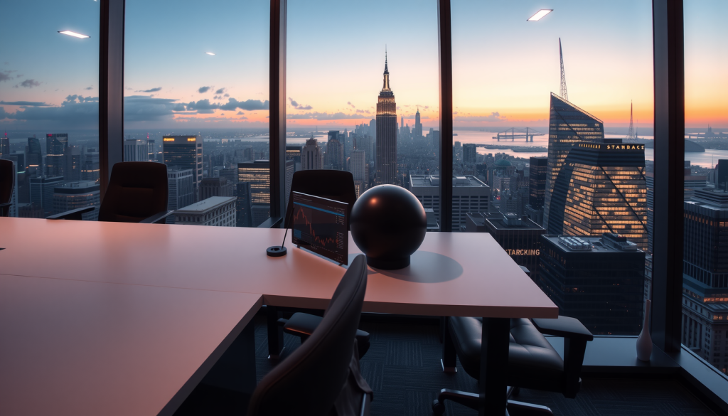 Rheinmetall-Aktie: Das kracht! Büro mit Skyline der Finanzdistrikte