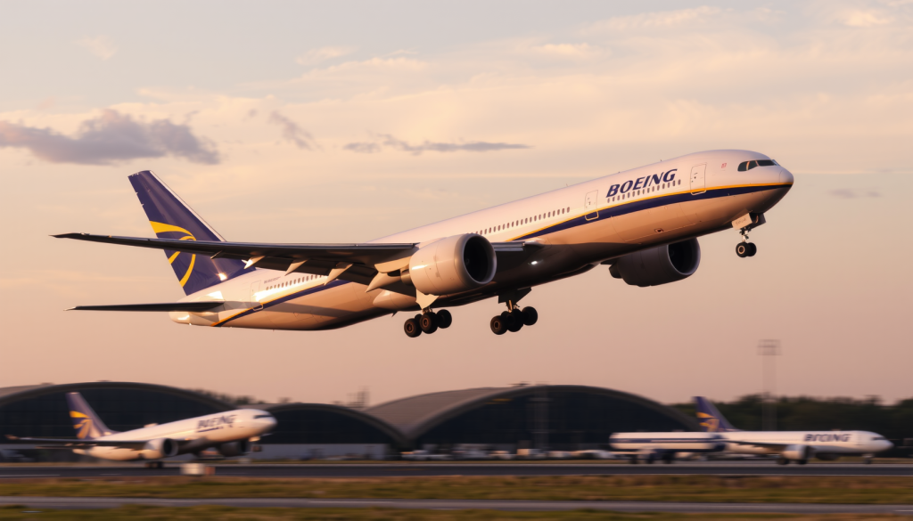Boeing 777 Start bei Sonnenuntergang