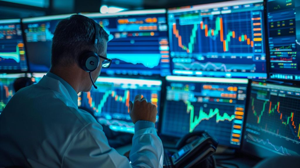 Rheinmetall-Aktie: Was wissen die? Börsenhändler vor Bildschirmen mit Aktiencharts, Paramount Global Aktie in Grün