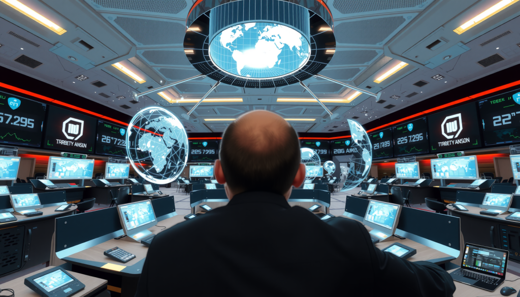 Super Micro-Aktie: Das darf nicht wahr sein! Futuristischer Handelsfloor mit holografischen Anzeigen