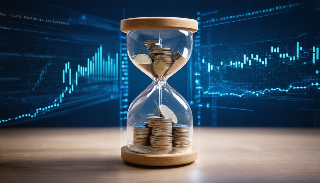 Super Micro Computer-Aktei: Noch 24 Stunden! Sanduhr mit Münzen und Finanzsymbolen