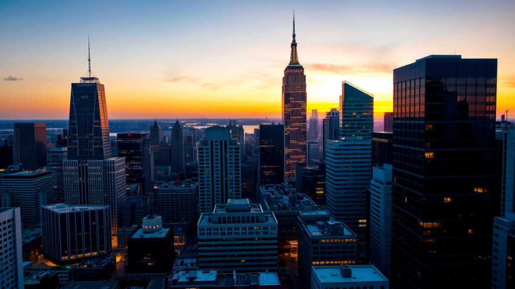 Finanzviertel-Skyline bei Sonnenuntergang