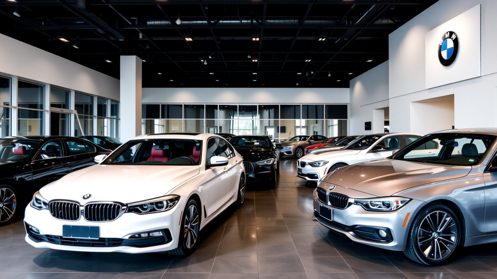 BMW-Autohaus zeigt verschiedene Modelle unter eleganter Beleuchtung.