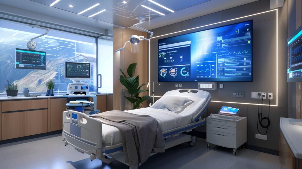 Spire Healthcare-Aktie: Übernahme-Poker läuft! ein modernes Krankenhauszimmer mit medizinischer Software auf einem großen Bildschirm