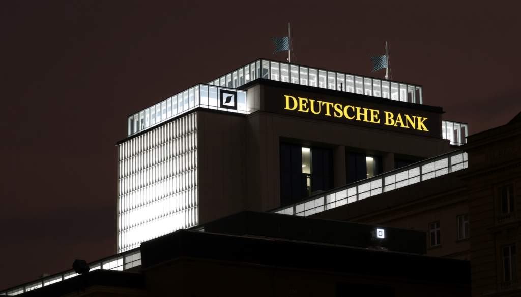 Deutsche Bank-Aktie: Hat sie noch Potenzial? Deutsche Bank Hauptsitz in Frankfurt bei Nacht