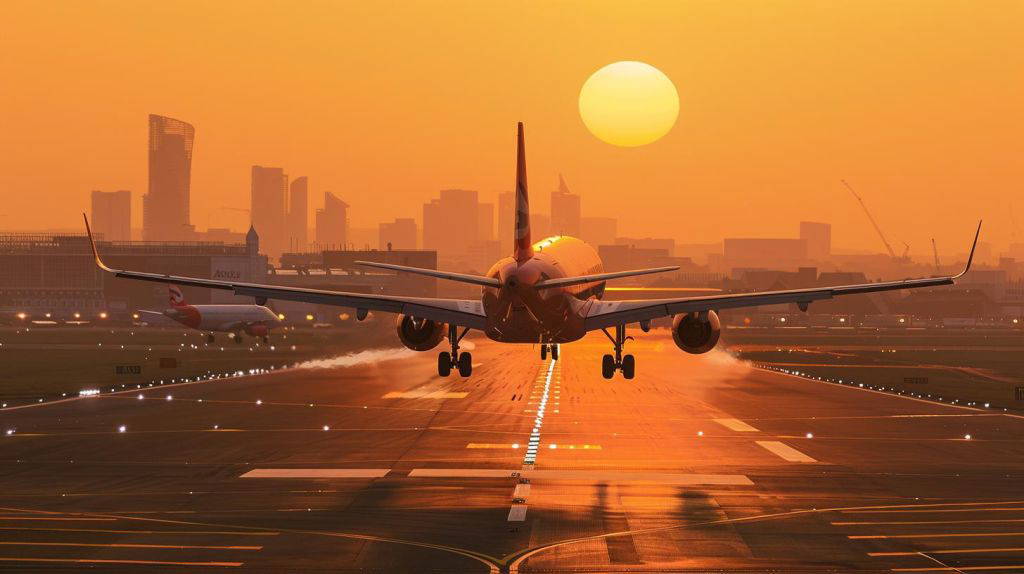 Ein leicht startendes easyJet-Flugzeug bei Sonnenuntergang.