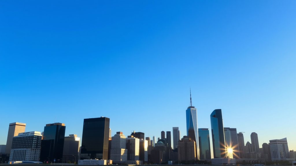 Atos-Aktie: Unvermeidbar! Stadtansicht am Morgen mit Aktienkursen im Himmel