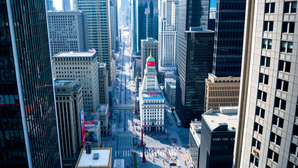 Bayer-Aktie: Gegenbewegung – Warum? Finanzviertel aus der Vogelperspektive mit Wolkenkratzern und belebten Straßen.