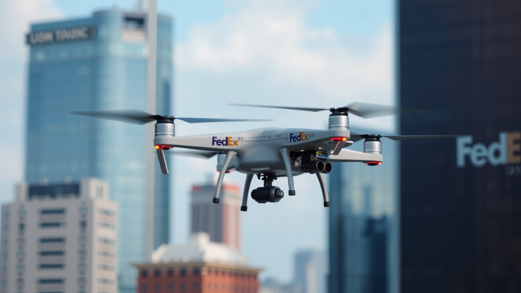 FedEx Drohne vor Stadtlandschaft