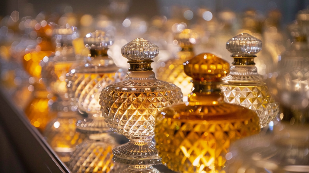 Nahaufnahme von Gerresheimer-Parfümflaschen auf reflektierender Oberfläche