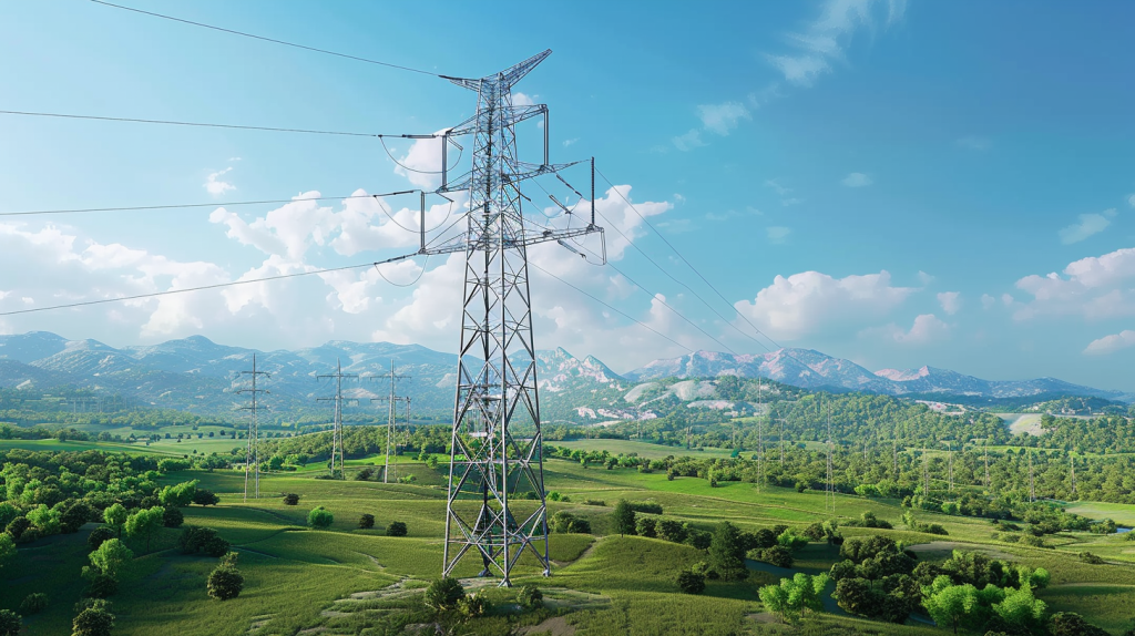 Ein Hochspannungsmast im Grünen mit National-Grid-Logo