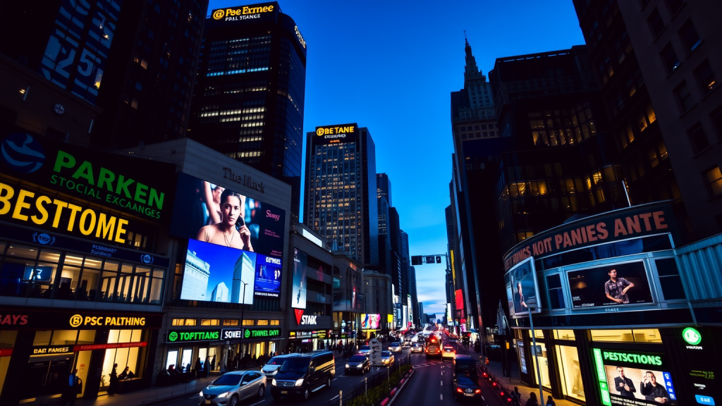 Nvidia: Triumph! Beleuchtetes Finanzviertel in der Dämmerung