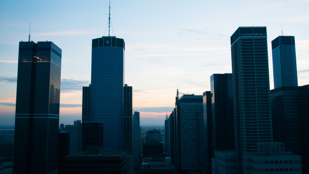 Stadtansicht bei Sonnenuntergang, bevor der Handel beginnt