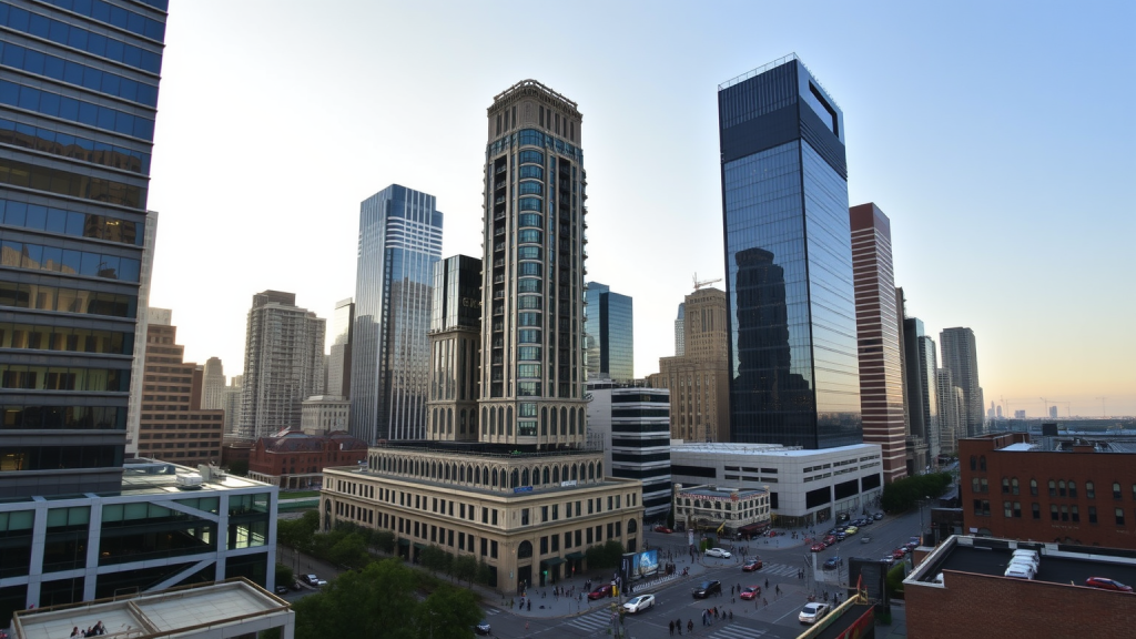 Palantir-Aktie: Wie spannend! Finanzviertel mit imposanten Wolkenkratzern und geschäftigen Straßen