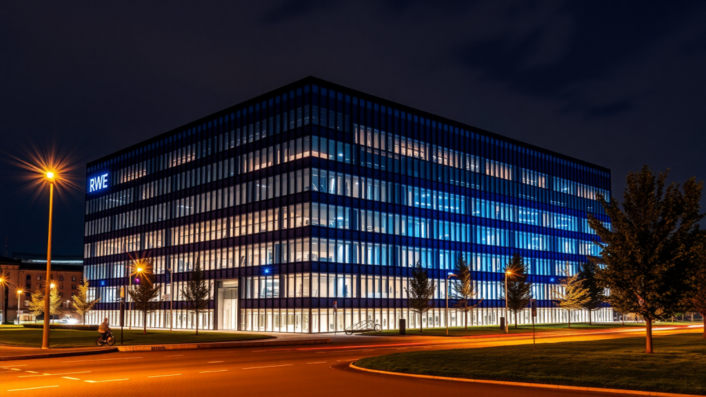RWE-Hauptquartier bei Nacht beleuchtet