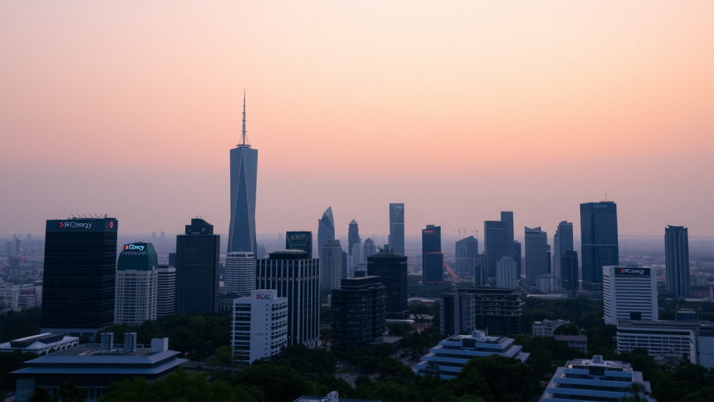 Moderne Stadt bei Sonnenuntergang
