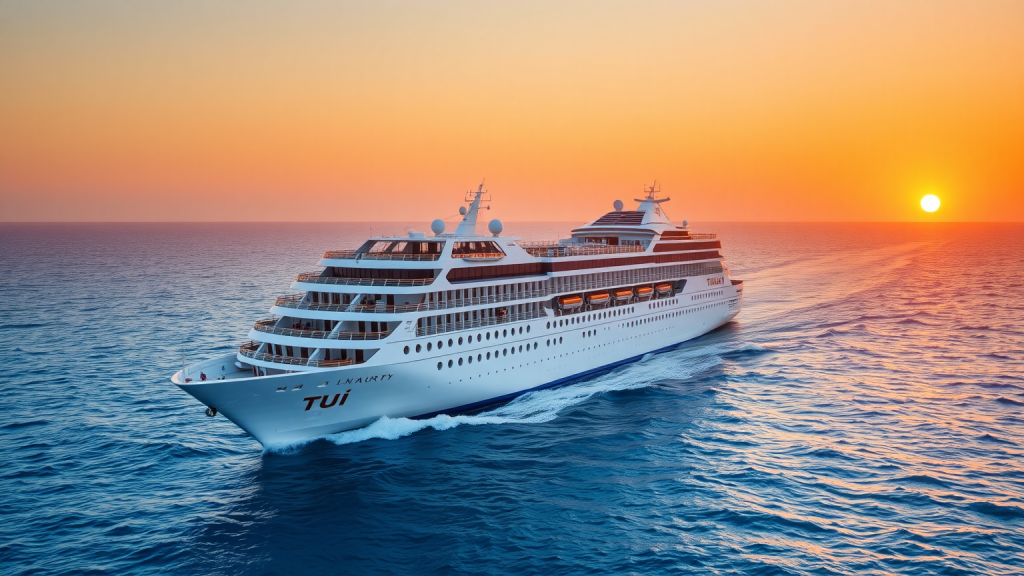 Ein TUI-Kreuzfahrtschiff segelt bei Sonnenuntergang