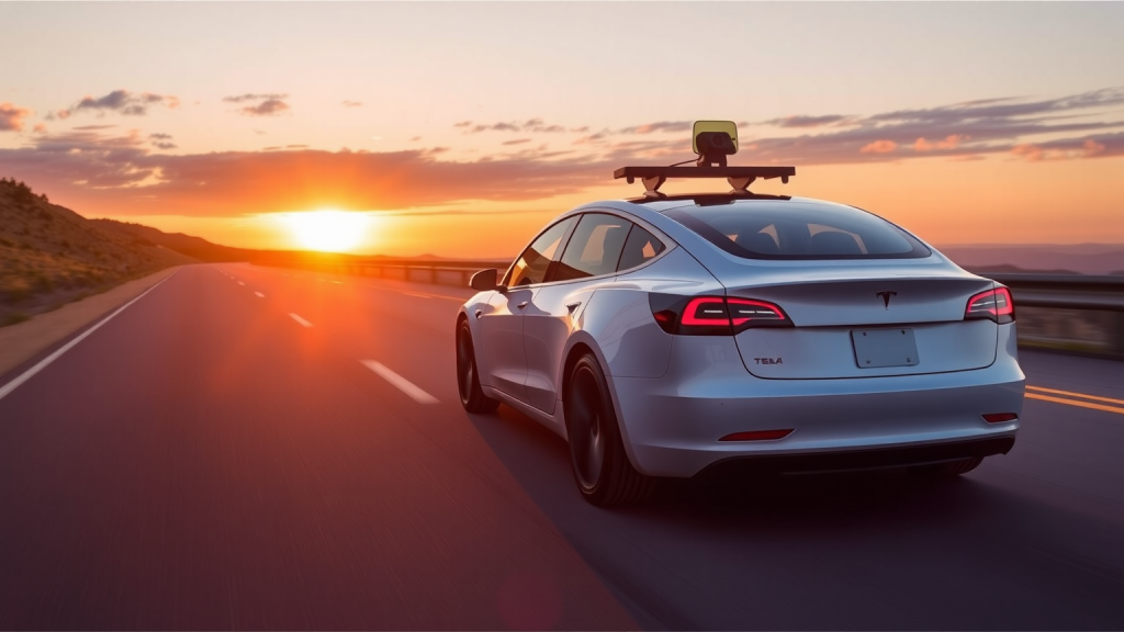 Tesla Model 3 bei Sonnenuntergang