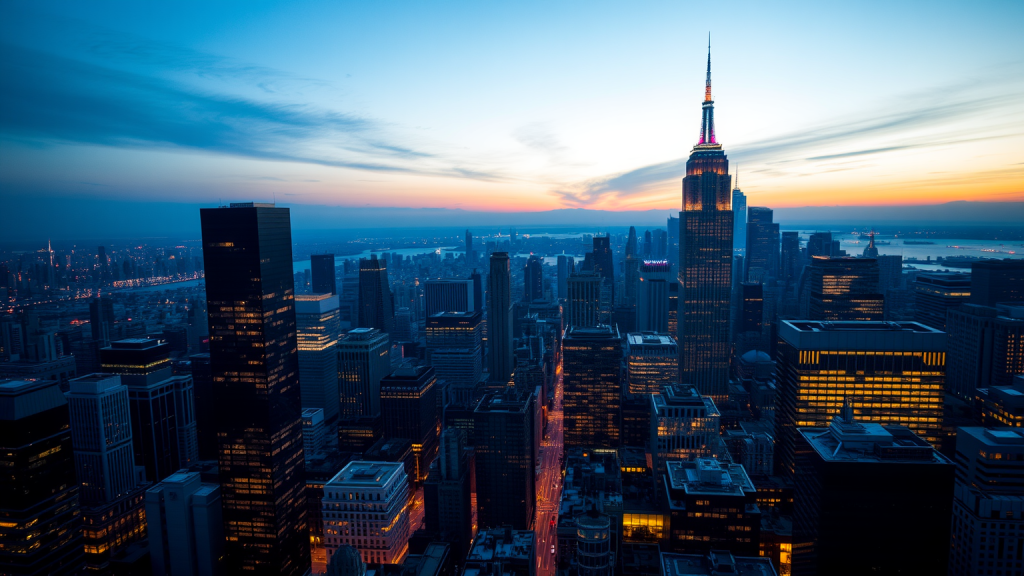 MicroStrategy-Aktie: Das ist eine Rakete! Finanzdistrikt bei Dämmerung aus der Vogelperspektive