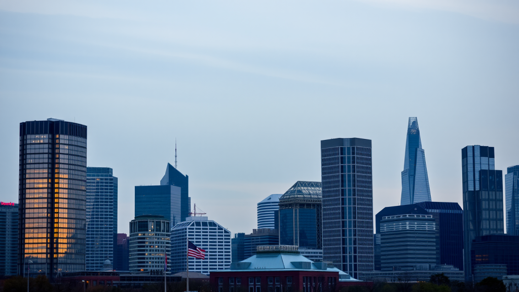 Nio-Aktie: Ein Trümmer! Stadtansicht bei Dämmerung mit Finanzgebäuden