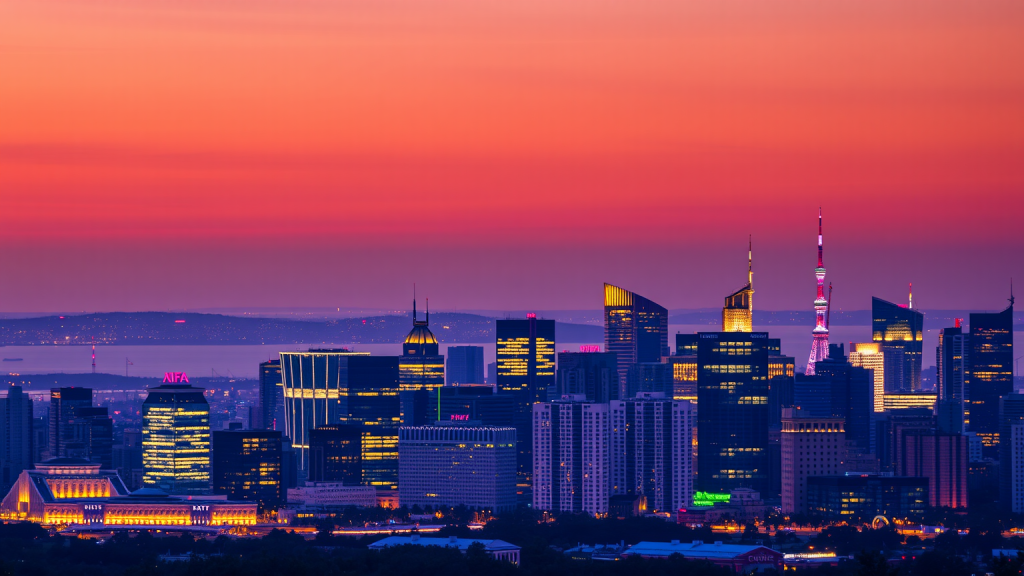 Städtischer Finanzdistrikt bei Sonnenaufgang