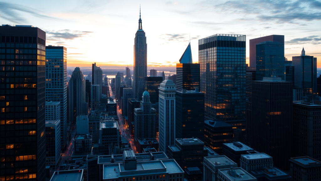 Nio-Aktie: Nicht hinsehen! Stadtbild bei Sonnenuntergang mit Wolkenkratzern im Finanzviertel