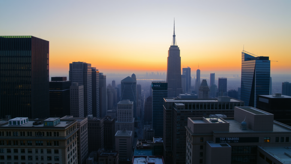 Stadtlandschaft mit Finanzgebäuden bei Sonnenaufgang.