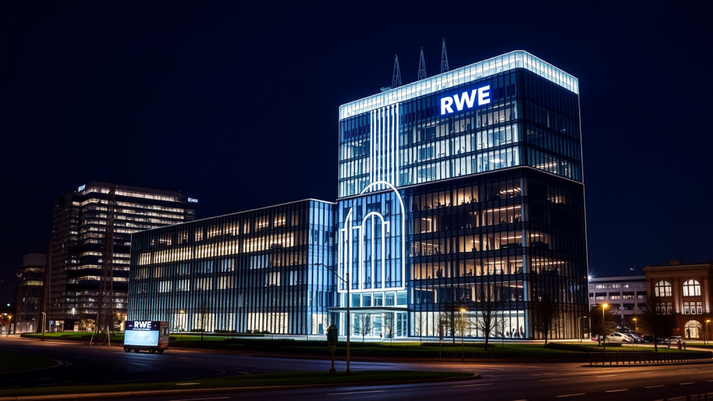 Modernes RWE-Hauptquartier beleuchtet