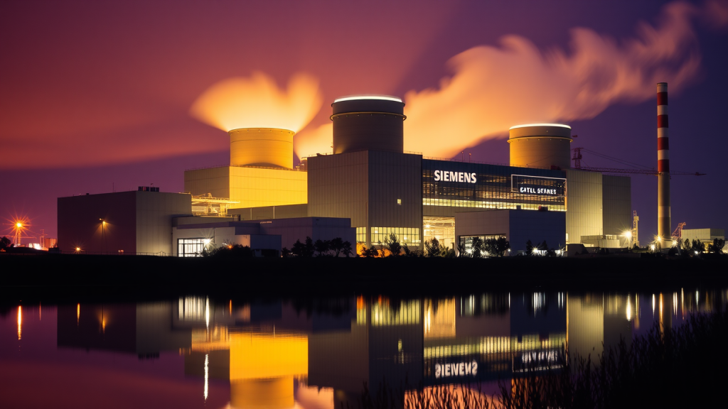 Flaggschiff-Kraftwerk von Siemens Energy nachts beleuchtet