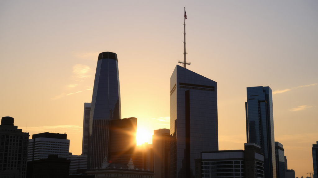 Super Micro Computer-Aktie: Der große Tag! Stadtlandschaft bei Sonnenaufgang mit Wolkenkratzern