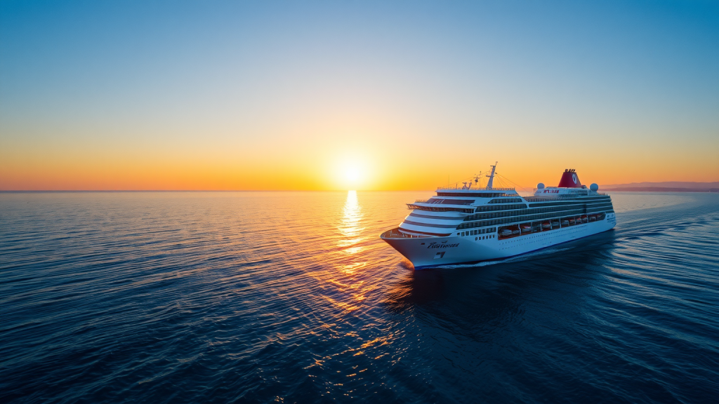 TUI-Kreuzfahrtschiff im Mittelmeer bei Sonnenaufgang
