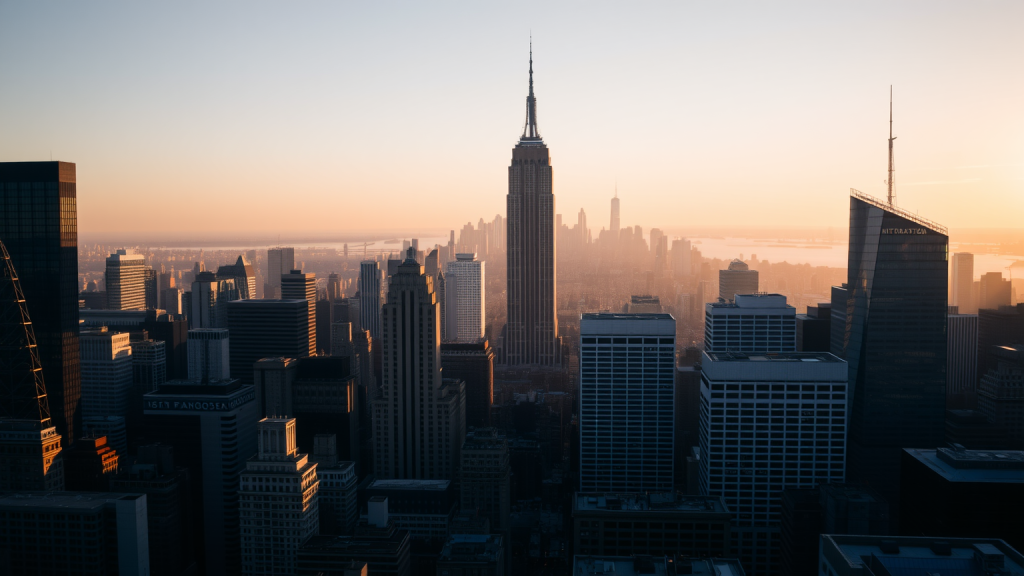 Skyline eines Finanzviertels im Morgenlicht.