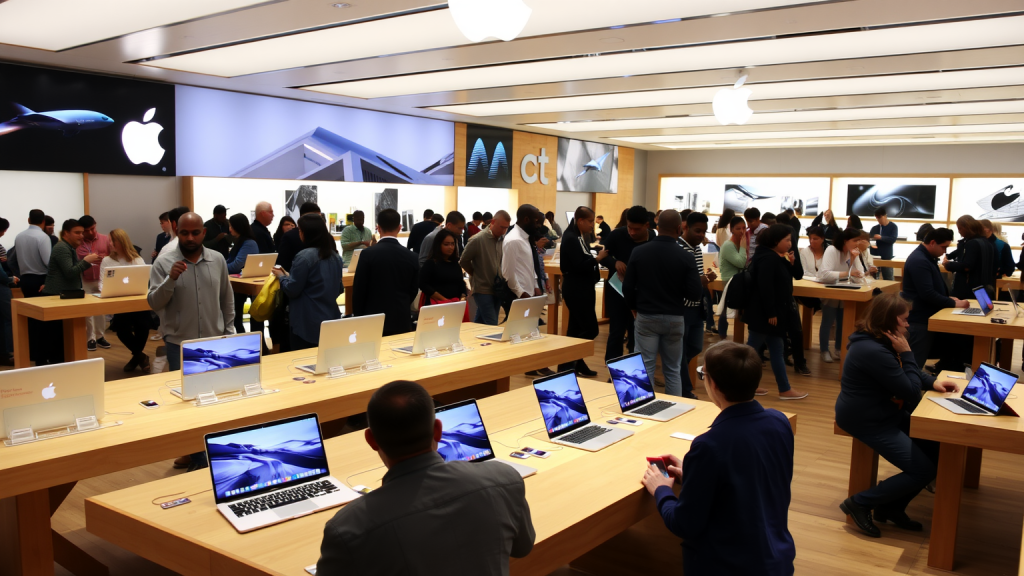Ein belebter Apple Store mit neuesten Geräten