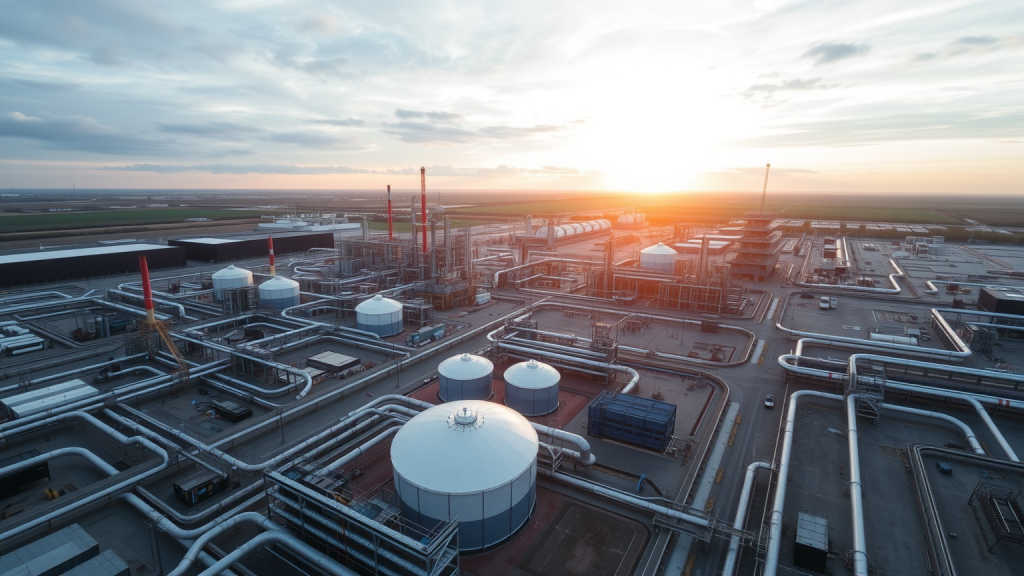 Luftaufnahme von BASFs Anlage bei Sonnenuntergang