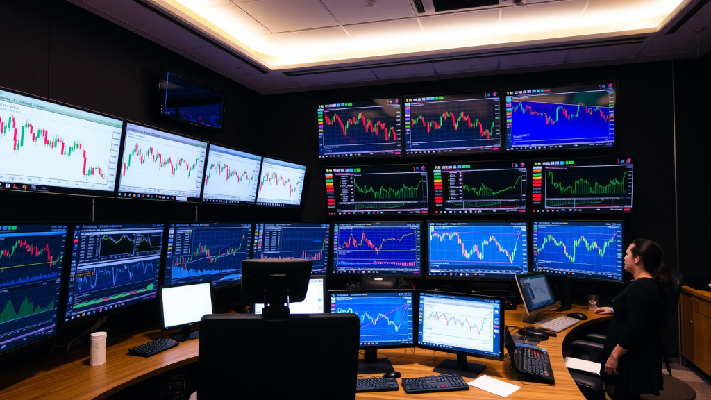 D-Wave Quantum-Aktie: Übernahme oder Pleite? Handelsraum mit DAX-Preisbewegungen auf Bildschirmen