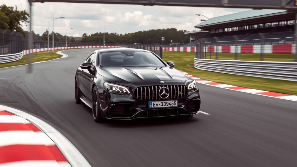 Mercedes-AMG Auto überquert die Ziellinie auf der Rennstrecke