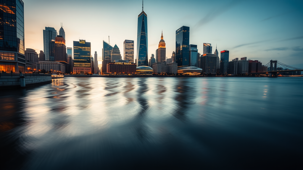 MicroStrategy-Aktie: Alles endet! Wasserseite des Finanzdistrikts bei Dämmerung