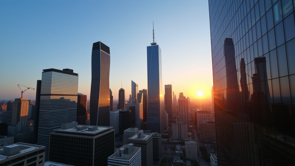 Nvidia-Aktie: Alle keine Ahnung! Morgendämmerung über einem belebten Finanzdistrikt mit Wolkenkratzern.