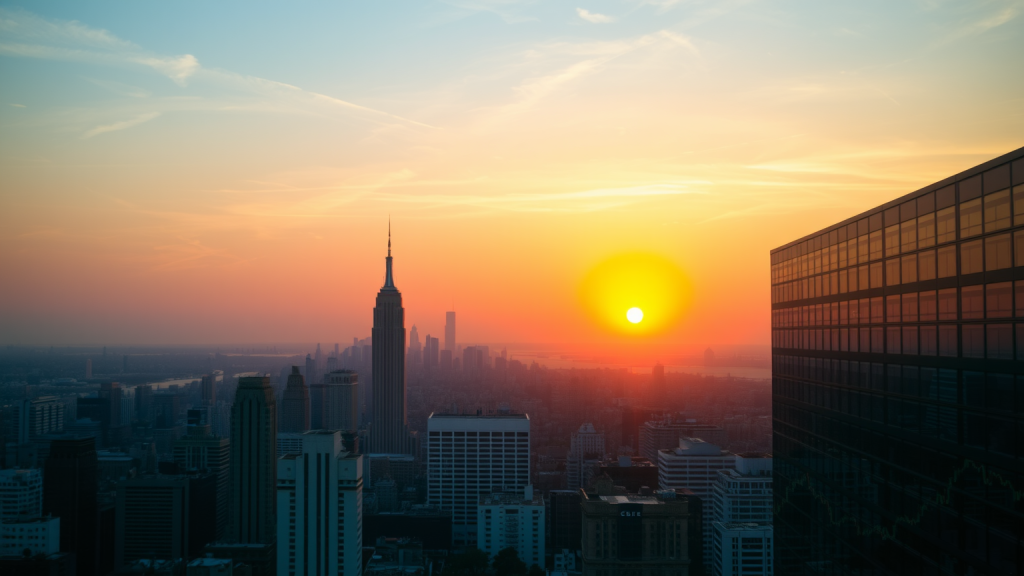 Sonnenaufgang über Stadt mit digitalen Börsenanzeigen