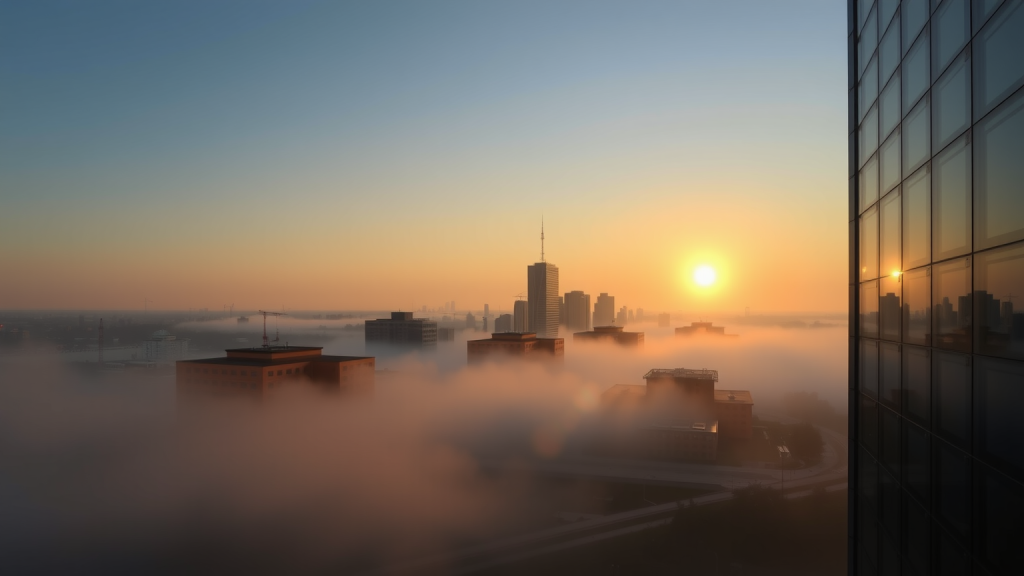 Rheinmetall-Aktie: Crash!? Sonnenaufgang über einem ruhigen Finanzdistrikt mit spiegelnden Glasgebäuden