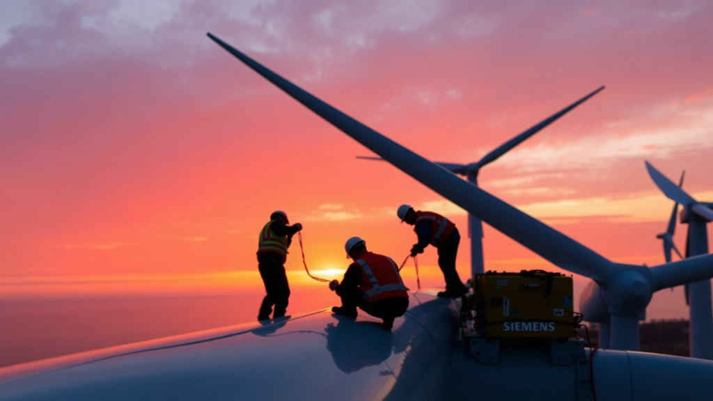 Installation von Siemens-Windturbinen bei Sonnenuntergang