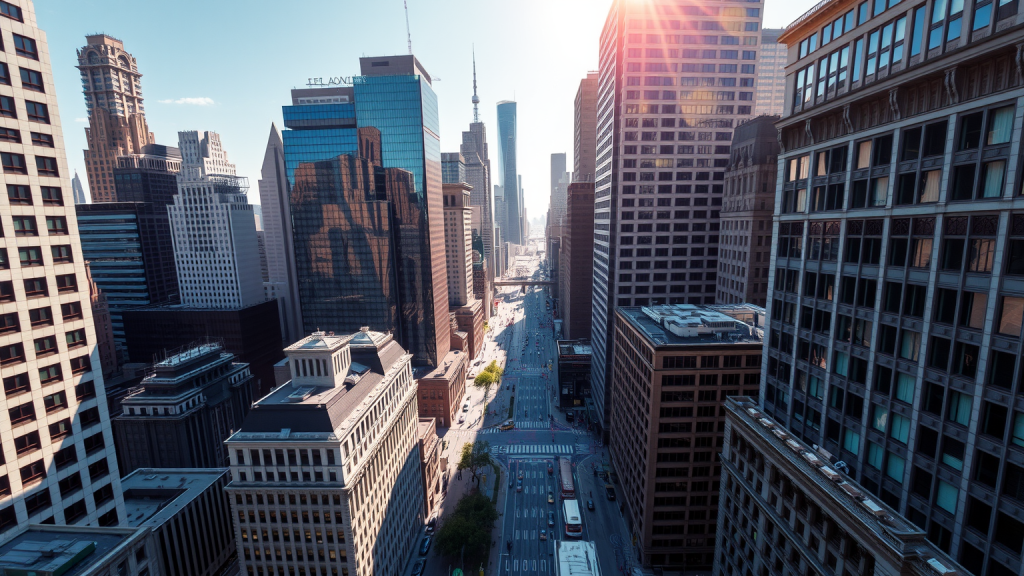 Atos-Aktie: Schlag auf Schlag! Luftaufnahme eines Finanzdistrikts bei Sonnenschein