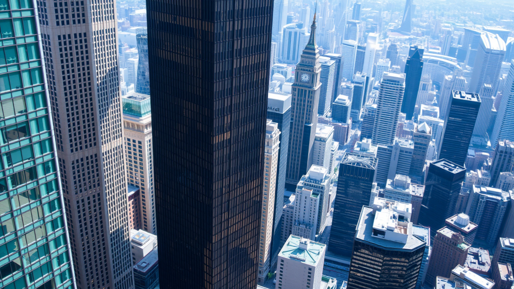 Atos-Aktie: Irrtum! Finanzdistrikt mit Wolkenkratzern aus der Vogelperspektive.