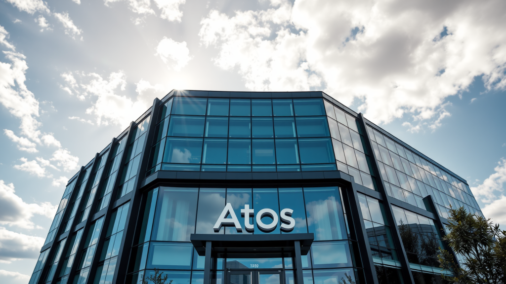Atos Bürogebäude mit Logo und blauem Himmel