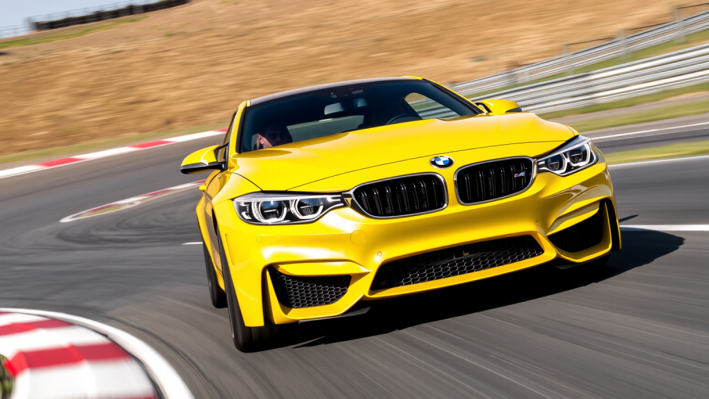 Darum sieht es bei BMW gut aus! Ein gelber BMW M4 auf einer Rennstrecke.