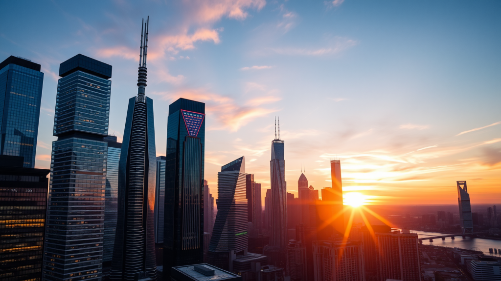 Futuristische Finanzdistrikt-Silhouette bei Sonnenuntergang