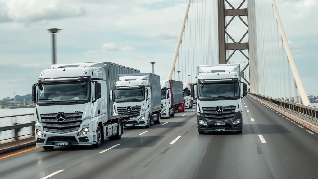 Daimler Trucks überqueren eine große Brücke