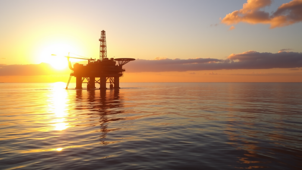 Offshore-Bohrinsel bei Sonnenuntergang