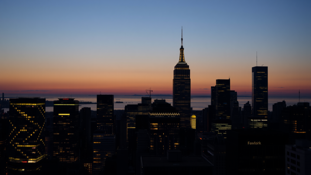 Hensoldt-Aktie: Marktüberblick – gute Ausgangslage! Finanzdistrikt-Skyline in der Dämmerung mit beleuchteten Wolkenkratzern.